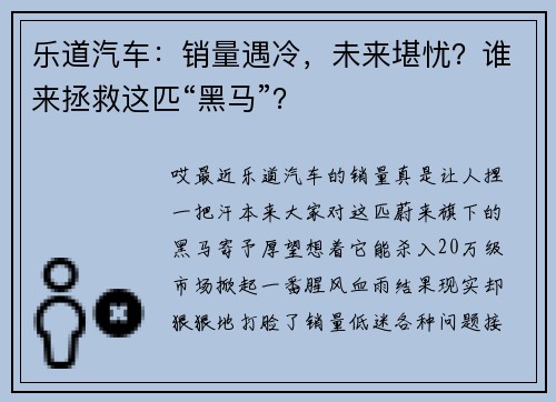乐道汽车：销量遇冷，未来堪忧？谁来拯救这匹“黑马”？