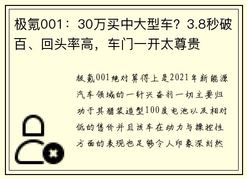 极氪001：30万买中大型车？3.8秒破百、回头率高，车门一开太尊贵