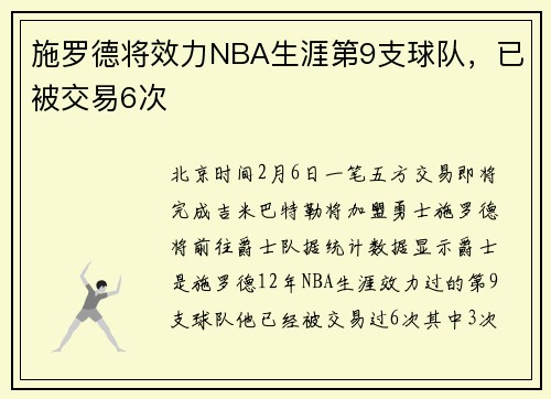 施罗德将效力NBA生涯第9支球队，已被交易6次