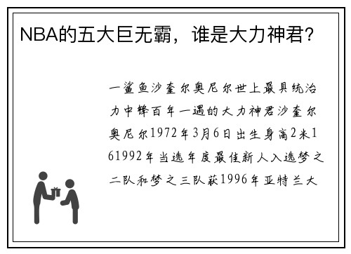 NBA的五大巨无霸，谁是大力神君？