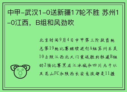 中甲-武汉1-0送新疆17轮不胜 苏州1-0江西，B组和风劲吹