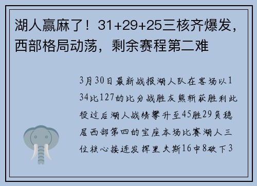 湖人赢麻了！31+29+25三核齐爆发，西部格局动荡，剩余赛程第二难